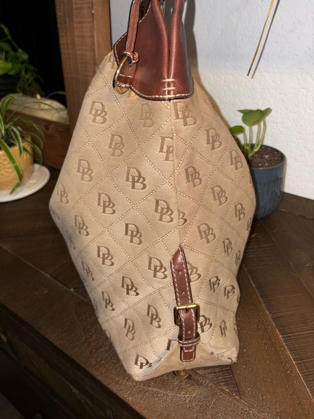 Dooney & Bourke Beige Canvas Logo Hobo with Brown Leather Trim - Picture 4 of 9